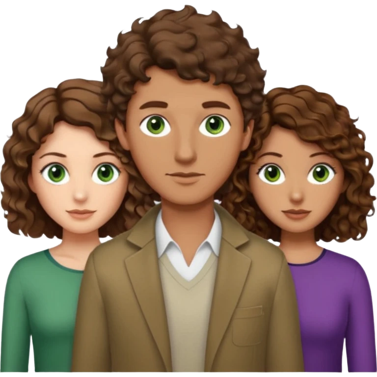 Man in the middle with brown hair and green eyes, women next to him with short brown hair with slight waves, taller women on right side with shoulder length curly hair and brown eyes emoji