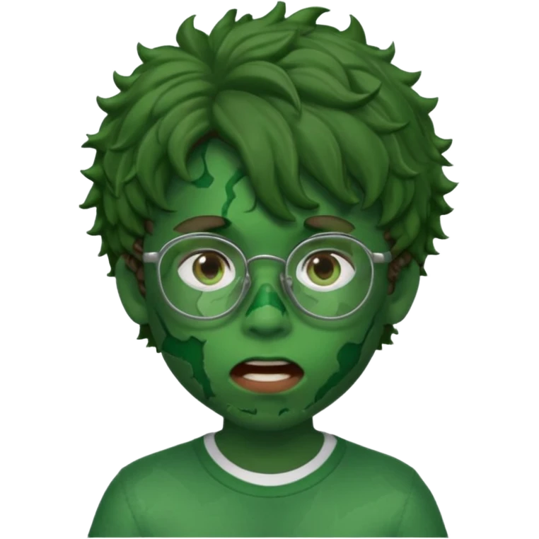 crie a imagem de um garoto com estilo memoji de iOS de pele esverdeada com machucados abertos na boca , cabelos cacheados castanhos e oculos. emoji