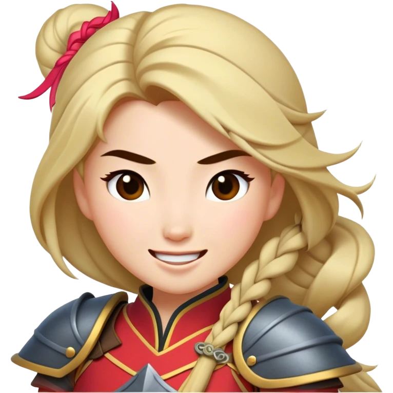 Cinematic Playful Mulan Portrait Emoji, Mid-laugh with a strand of hair falling over her face, adjusting her armor, eyes full of adventure, exuding an irresistible mix of beauty and fun, the perfect blend of warrior and princess! emoji