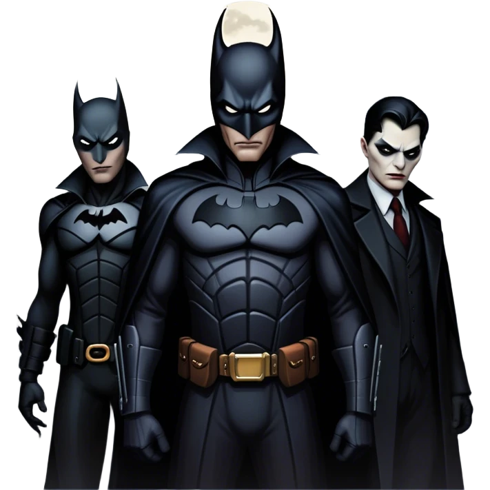 Icon for Thriller Movies: A large, dramatic collage featuring sinister villains in dark clothing. The background shows the gloomy cityscape of Gotham, with dim lighting and eerie shadows. The atmosphere should be tense, mysterious, and suspenseful. Transparent background. emoji