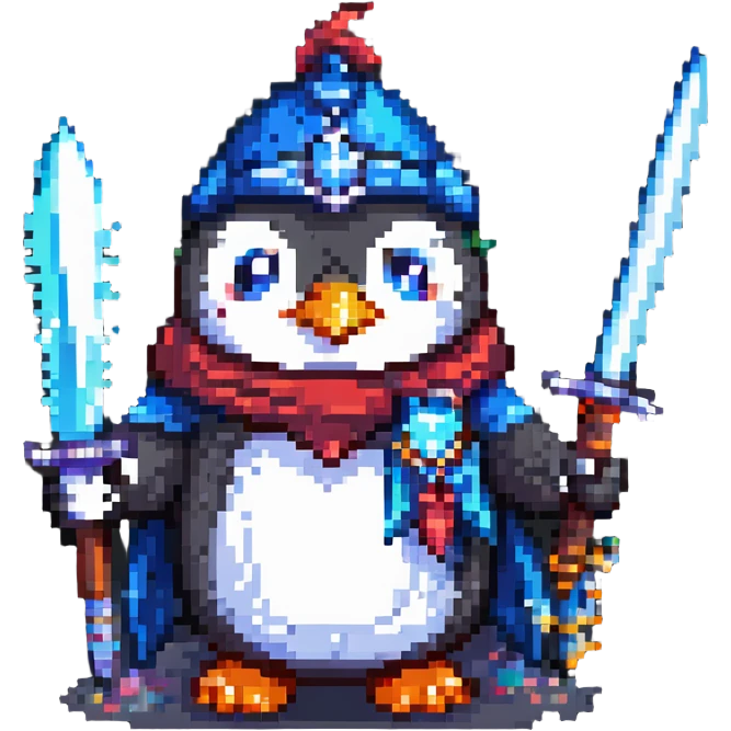 pixel art style penguin with a sword and magical elements emoji