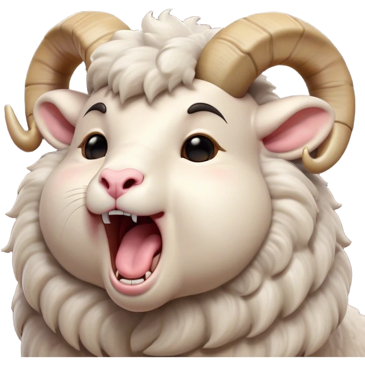 Cinematic Cute Yawning Ram Portrait Emoji, Head tilted slightly with a dramatic, wide-open yawn, showcasing a soft, woolly grey fur with gently drooping horns and ears, round dark eyes barely open in drowsy contentment, Simplified yet irresistibly adorable features, highly detailed, glowing with a soft, cozy glow, high shine, relaxed yet expressive, stylized with a touch of rugged whimsy, bright and endearing, soft glowing outline, capturing the essence of a sleepy yet affectionate ram, so drowsy it feels like it could stretch out of the screen and curl up for a nap! emoji