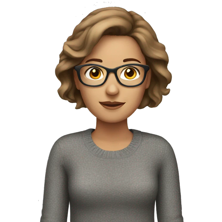 White woman, brown hair, gray sweater, glasses emoji