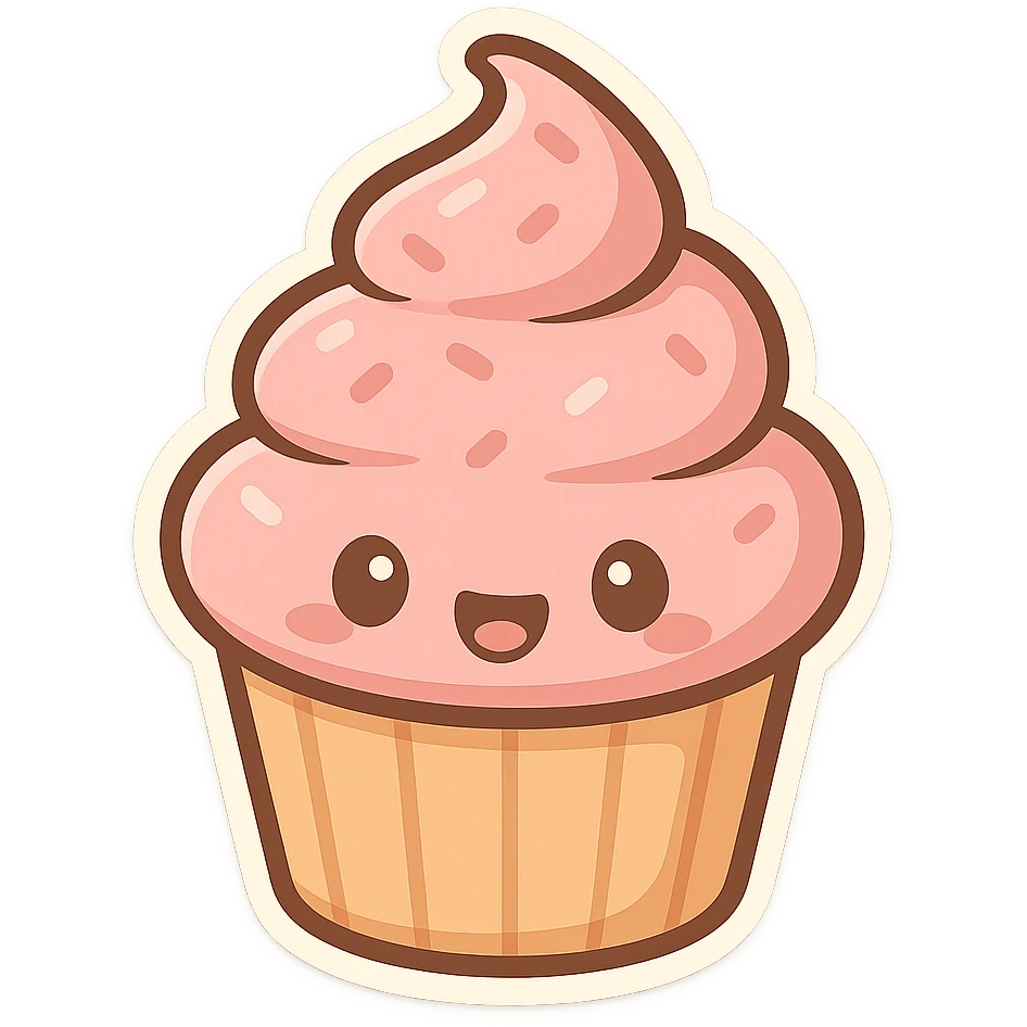 cupcake with pink icing, cute cartoon style emoji