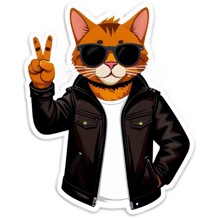 Cool brown cat in sunglasses wearing leather jacket making peace sign  emoji