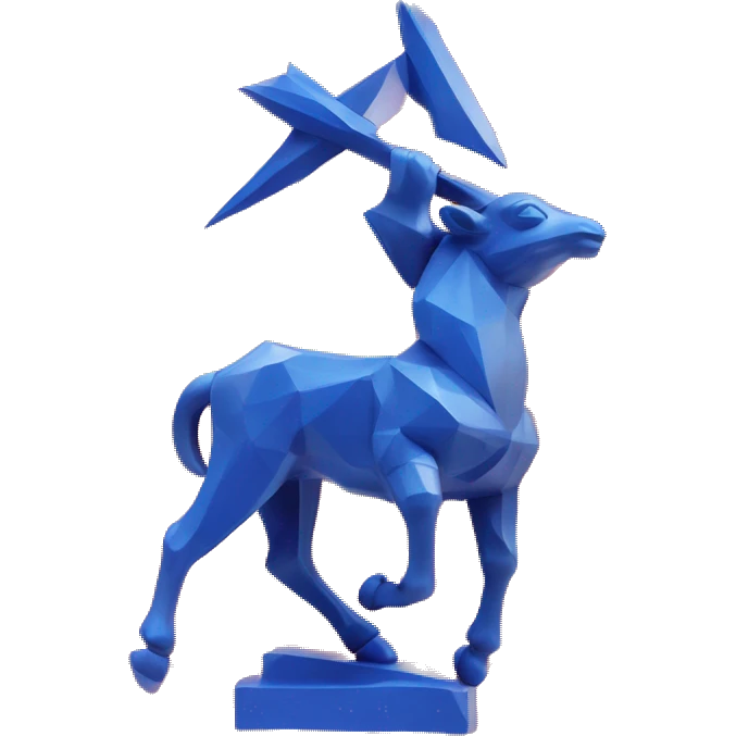 A Sagittarius sculpture with a geometric, faceted design. The Sagittarius is standing upright with angular and baroque features. The vibrant red and blue flame colors highlights the sharp edges and planes. emoji
