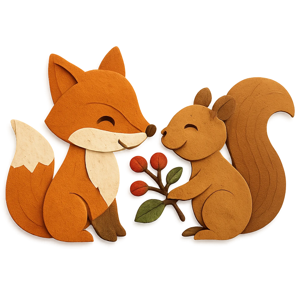 a fox and squirrel sharing berries, forest friendship scene emoji
