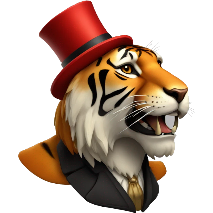 saber tooth tiger with red fur and long canine teeth with a top hat on top  emoji