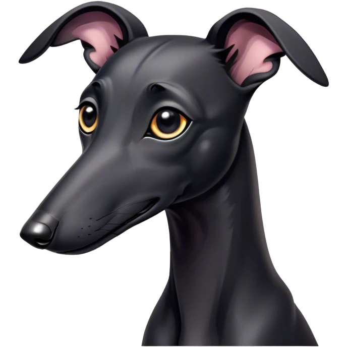 Cinematic Cute Black Greyhound Portrait Emoji, Head tilted playfully and inquisitively, featuring a smooth, shiny jet-black Fur and round, sparkling dark eyes filled with curiosity, Simplified yet irresistibly adorable features, highly detailed, glowing with a warm, friendly glow, high shine, affectionate and agile, stylized with a touch of whimsy, bright and endearing, soft glowing outline, capturing the essence of a mischievous yet loving racer, so playful it feels like it could dash out of the screen and into your arms! emoji