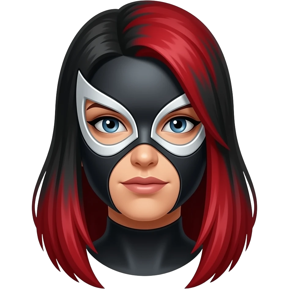 Mascara  de luchador de mujer que se le vea el cabello negro con rojo con diselo como si fuera un androide un Ciborg que sea simétrico emoji