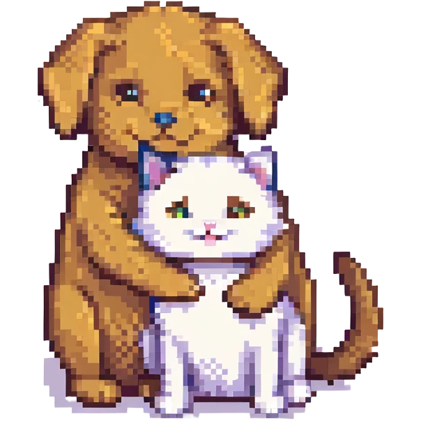 pixel art style cat hugging dog, both smiling emoji