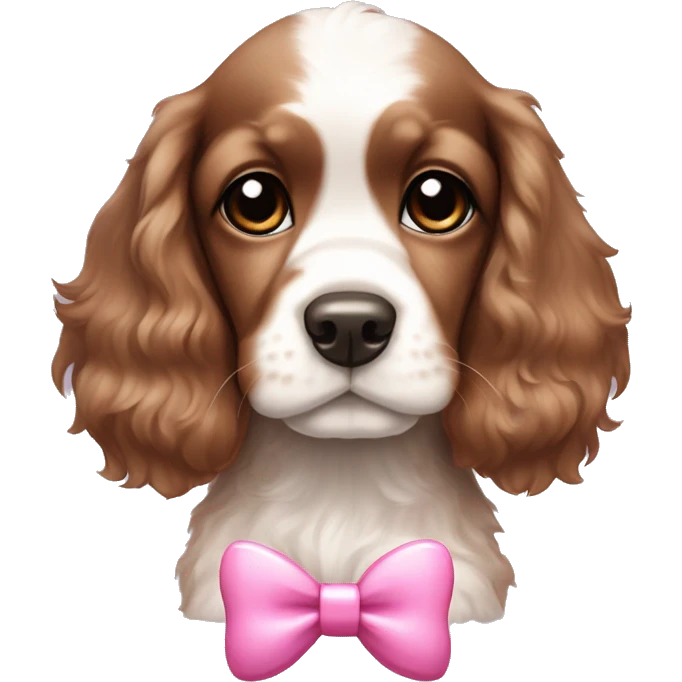Brown and white cocker spaniel puppy with pink bow emoji