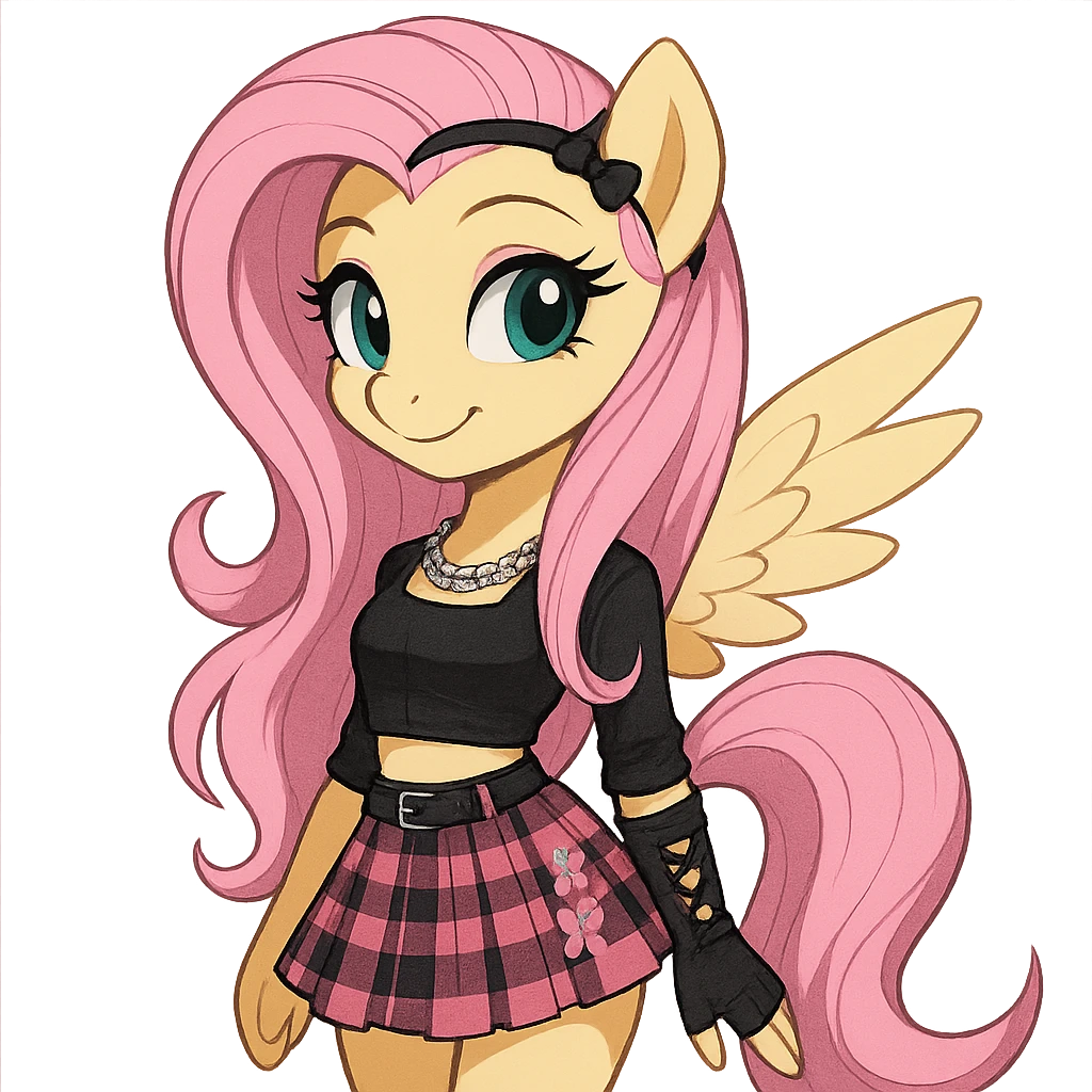 Fluttershy in a Blackpink-inspired style, standing and smiling, with pink and black accents, transparent background emoji