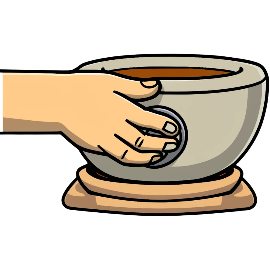 thumb pressing side of clay onto a silver pottery wheel, thumb at the bottom of the clay, pottery gesture emoji