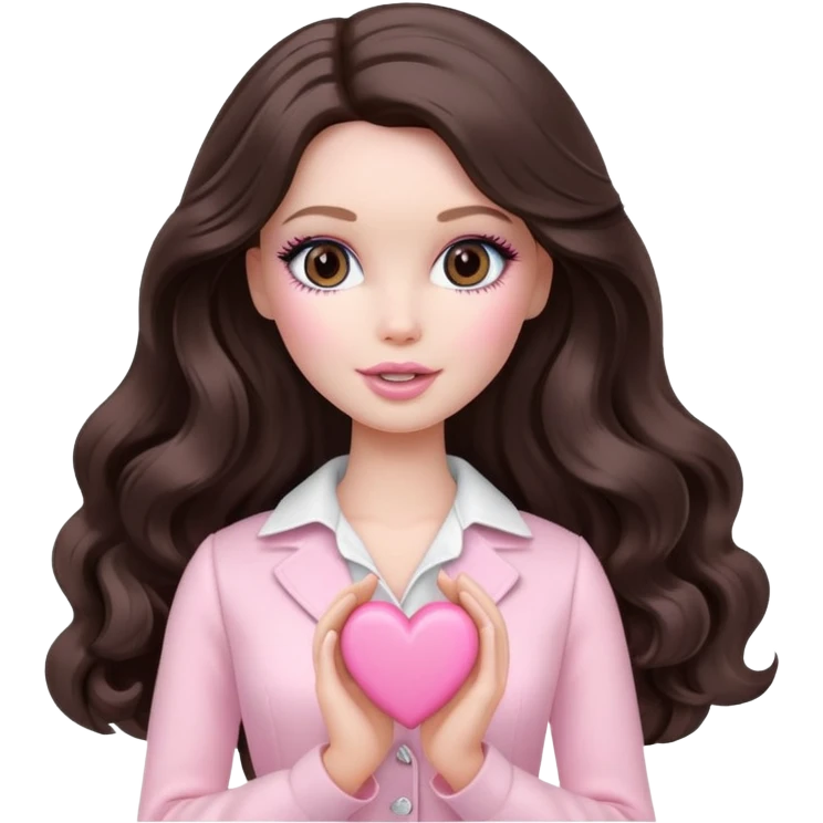 A white Barbie girl with makeup and long dark brown wavy hair in pale pink clothes holds pale pink heart emoji