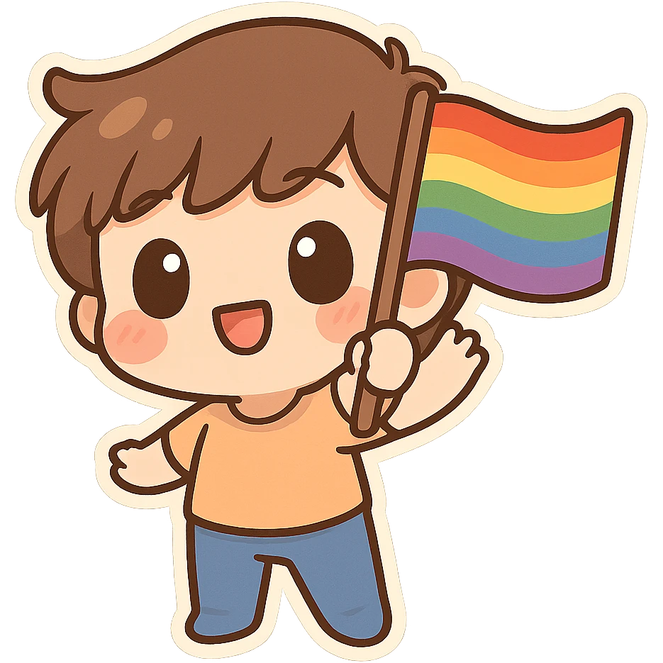 chibi sticker-style waving rainbow flag, cute and exaggerated emoji
