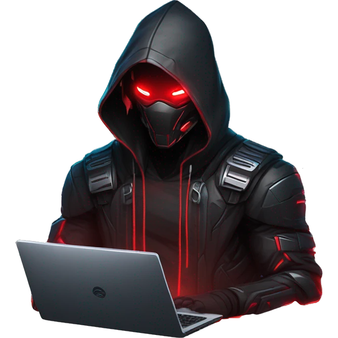 developer behind his laptop with this style : crysis Cyberpunk Riot Games Valorant neon glowing bright red character red dark black hooded assassin themed character emoji