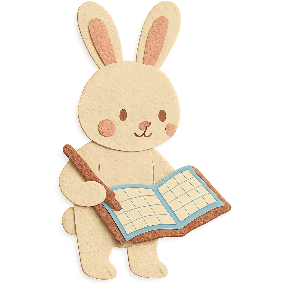 flawless, highly detailed, high quality paper craft style illustration of a cream-colored bunny standing and writing in a planner, perfect proportions, no imperfections, intricate textures, soft lighting, delicate cut-paper details emoji