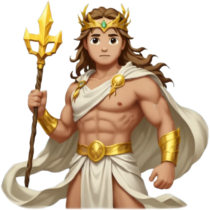 portrait of a thunder god with muscular build, white flowing toga, golden laurel crown, holding a glowing lightning bolt, long wavy hair, standing on stormy clouds, confident stance, front-facing emoji