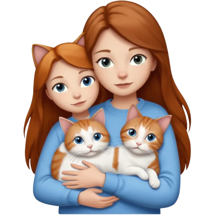 a girl with long brown hair, with blue eyes, in a
white sweater, hugs 3 cats a brown tabby and white, a ginger and white and a grey and white emoji