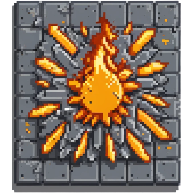 Industrial metal wall explosion tile, slate colored (#334155) metal fragments and debris flying from center, bright orange and yellow flames, metallic sheen on fragments, rivets visible on some pieces, pixel art style emoji