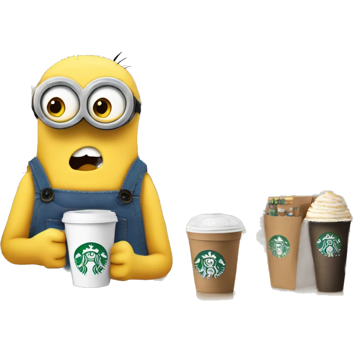 Despicable 4 character mega minion shopping, while drinking starbucks with eyelashes emoji