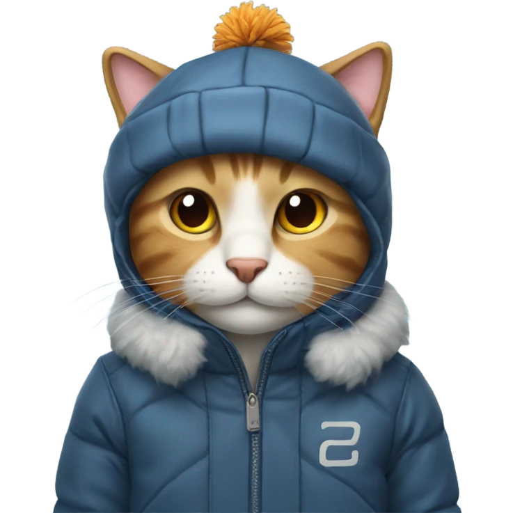 Cat wearing a cold weather jacket, and a cold weather cap emoji