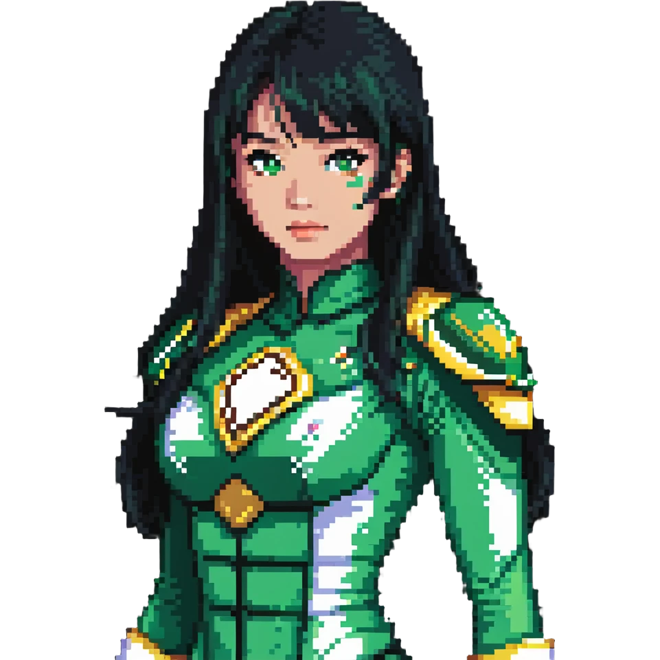 wasian girl in a green Power Ranger suit, black straight hair, black eyes emoji