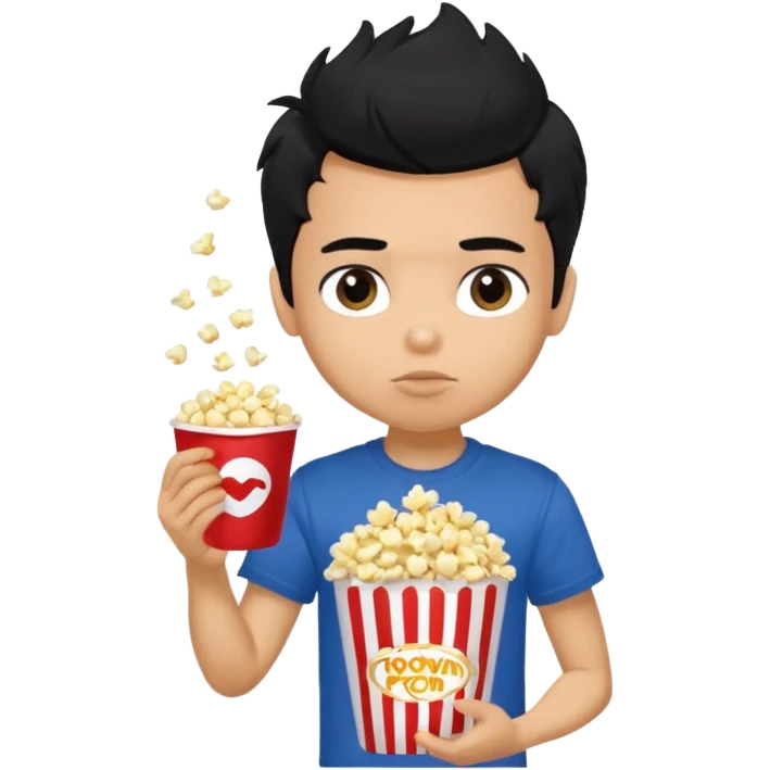 generate a pretty tan bratz boy with a dark blue tshirt on. eating popcorn. messy black hair emoji
