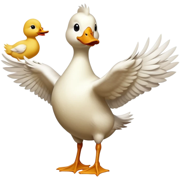 A duck and a goose and a chicken doing a cheer stunt the duck is the flyer and the goose is the base and the chicken is the back spot emoji