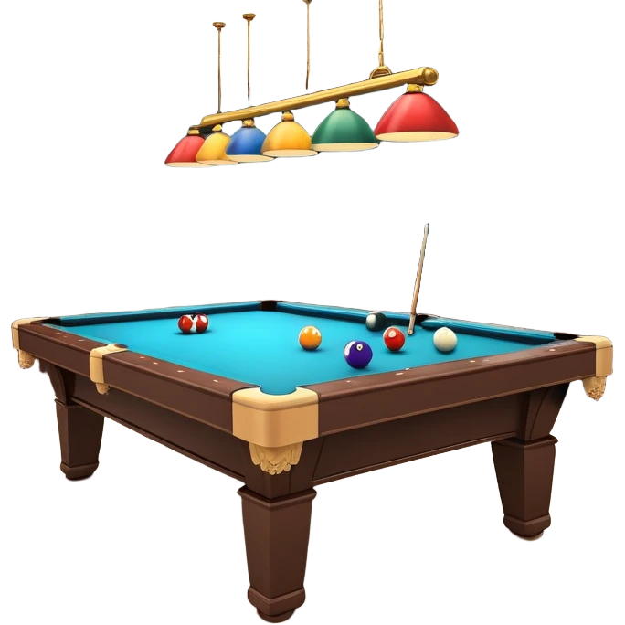 A well-arranged pool table with colorful billiard balls neatly placed, and a cue stick poised to take a shot. The setting is a dimly lit room with a focused atmosphere, highlighting the precision and strategy involved in the game of billiards. emoji
