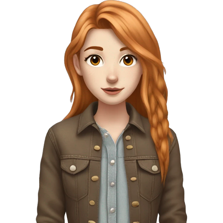 White fair skin, long hair, woman, feminine, straight hair in a wolf haircut, ginger coloured hair, grundge aesthetic, beautiful face, British, stylist, aesthetic, side bangs, front bangs, teen, full body, slim, she’s wearing a cowboy outfit emoji
