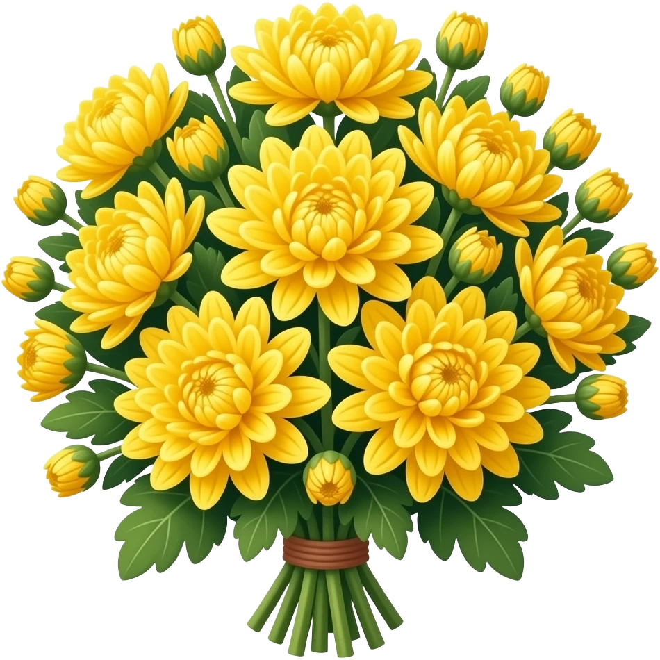 big bouquet Bright Yellow Chrysanthemum, luxuriant, leaf, bud emoji
