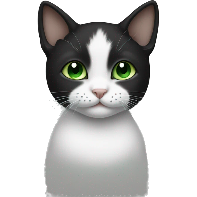 Baby black and white cat with half a mustache and green eyes emoji