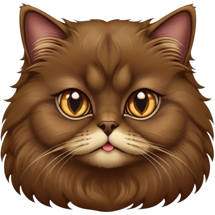 Cinematic Adorable Big-Eyed Fluffy Dark Brown Persian Cat Portrait Emoji, Head tilted playfully with a sweet expression, fluffy dark brown fur with rich caramel and gold undertones, Simplified yet irresistibly cute features with large, expressive eyes, highly detailed, glowing with a warm and gentle glow, high shine, a mix of affectionate and curious, stylized with a touch of whimsy, bright and full of charm, soft glowing outline, capturing the essence of a fluffy, loving kitty with oversized eyes, so endearing it feels like it could leap out of the screen and cuddle with you instantly! emoji