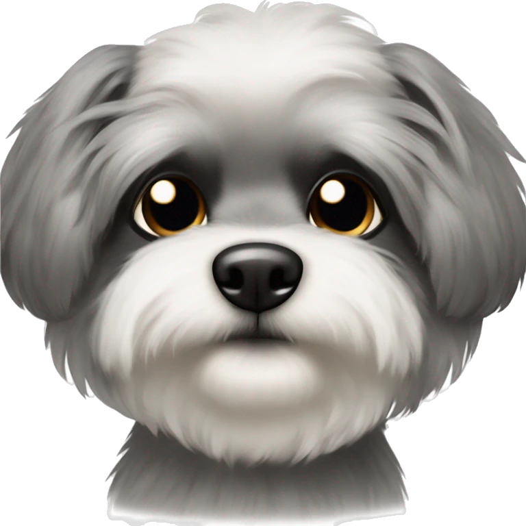 White shitzu with black eyes crossbreed with gray spitz with black ears and with gray higlights in them black nouse and black whiskers and black eyes emoji