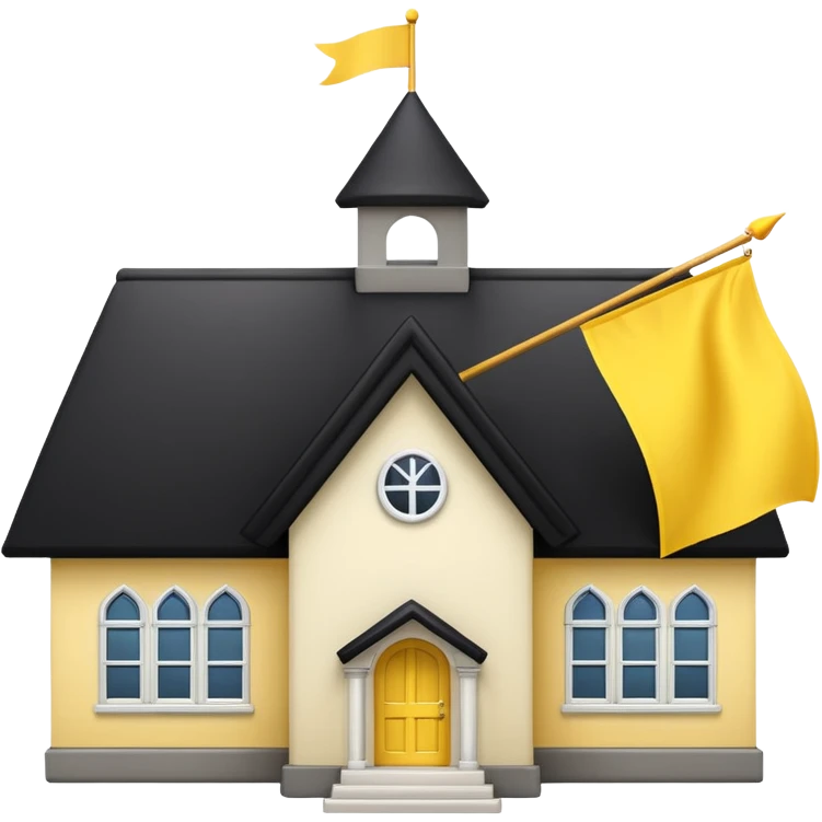 simple magic school, low detail, white background, magic school, black roof, with a big flag, big flag on a roof, big yellow flag, white school emoji