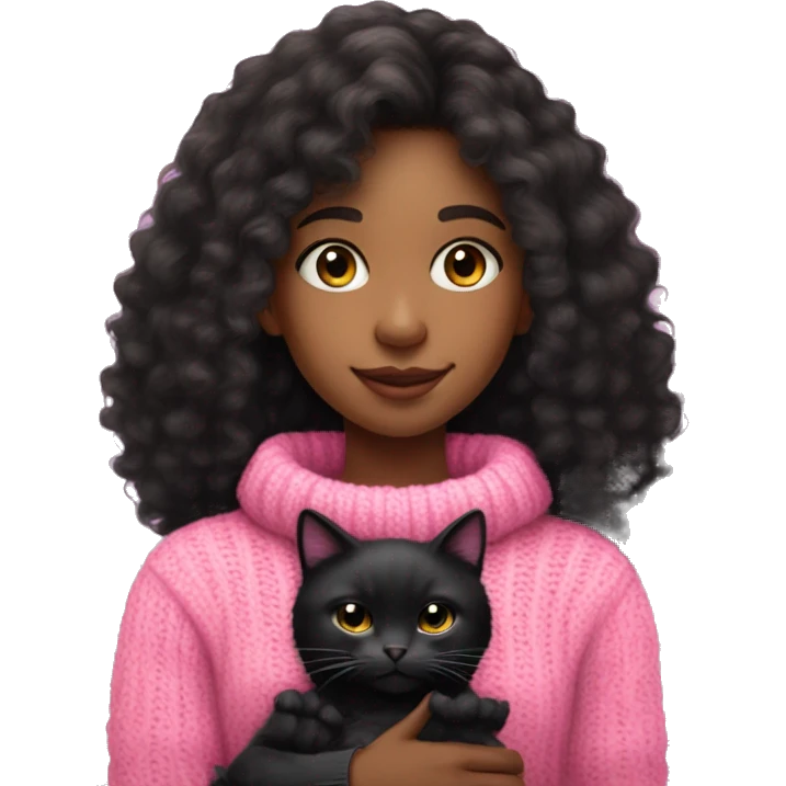 A black light skinned teenager girl with Long curly hair wearing a pink knit sweater and pink hat. The girl is holding a black fluffy cat emoji