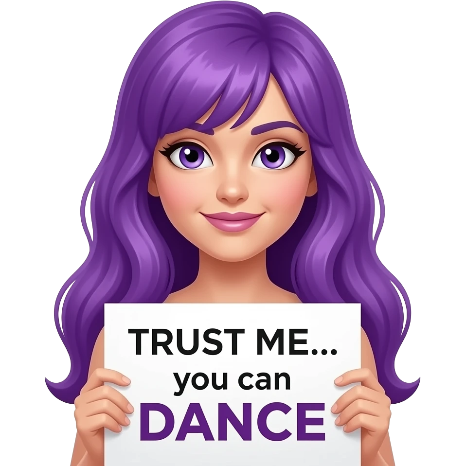 sexy girl with long purple hair and purple eyes holding a TRUST ME... you can DANCE sign emoji