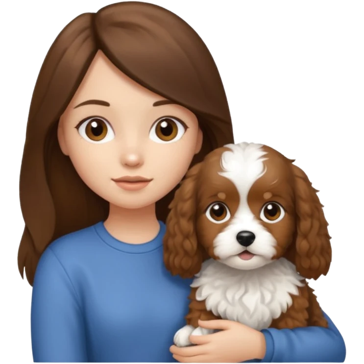 Make a girl with brunette/black straight long hair holding a cavapoo dog emoji