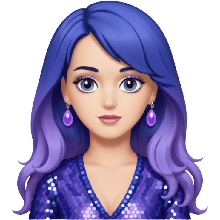 Katy Perry with long indigo hair,  lavender sequin outfit emoji