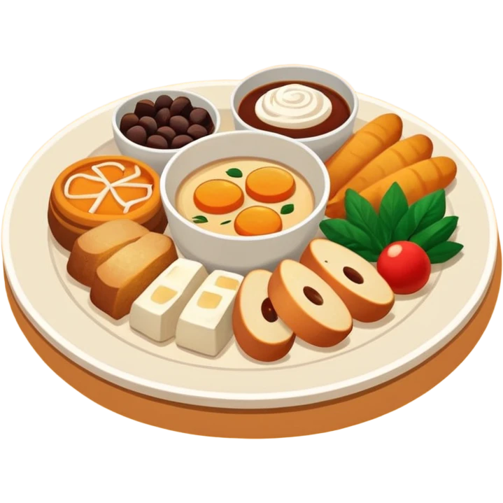 Homemade dishes on a plate, warm cozy colors, simple shapes, flat design, high contrast, friendly and inviting. emoji