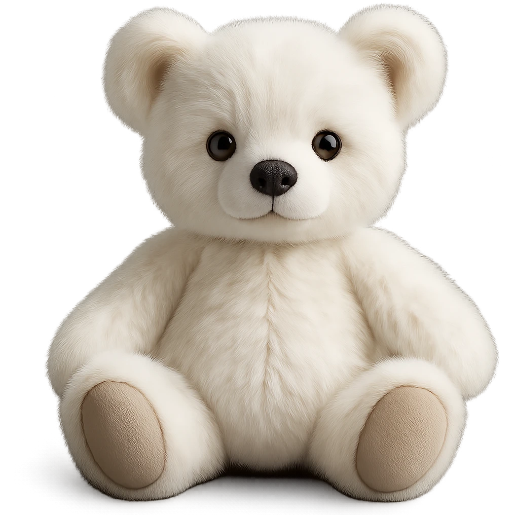 Change the teddy bear's fur to a realistic white color, keep soft lighting, and maintain a transparent background. The style should look realistic and natural with soft lighting effects. emoji