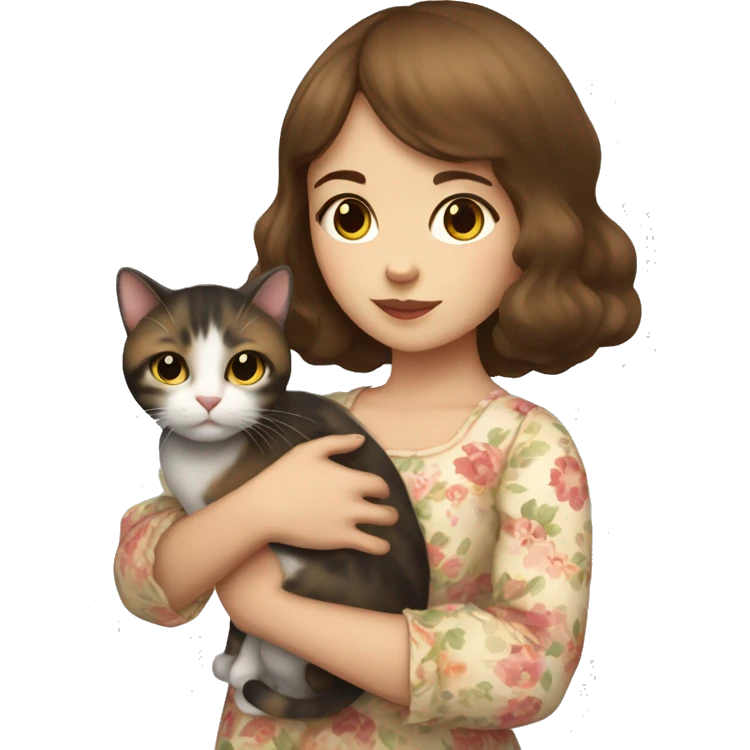 A girl with white skin, brown hair with bangs, wearing a floral dress, holding a calico cat in her arms  emoji