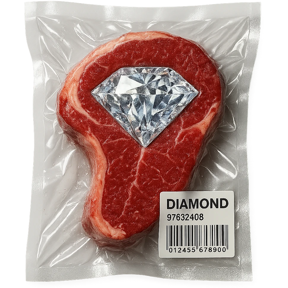 meat steak with sparkling diamond facets, glossy and puffy, vacuum-sealed style emoji