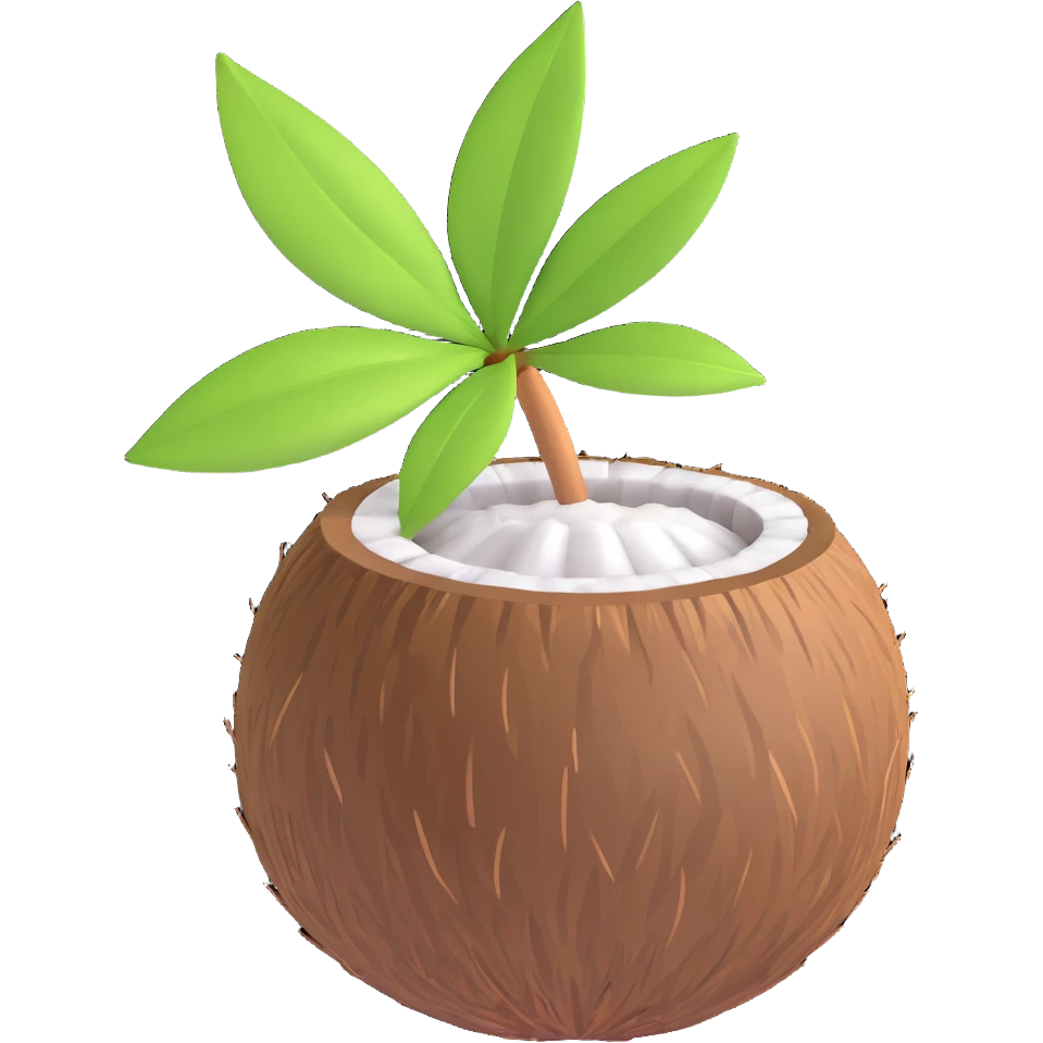 3D emoji style coconut with a small green leaf, simple and expressive emoji
