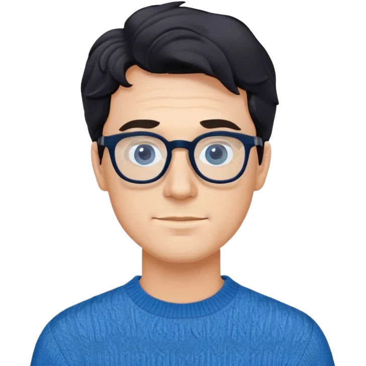Caucasian male with wavy black hair wearing eyeglasses and a blue long sleeve pullover sweater emoji