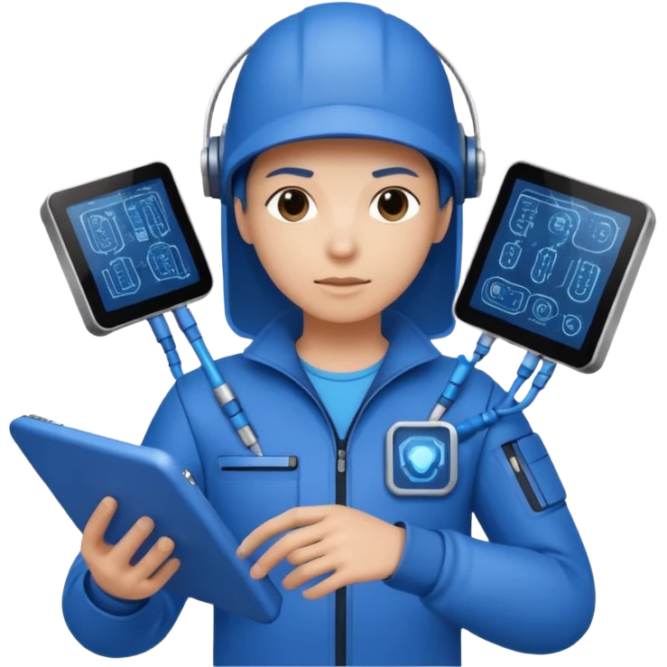 cybernetic person with digital toolkit, digital vibes, blue outfit, average skin color emoji