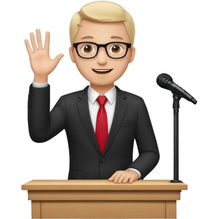 A professional clean-shaven man in a dark business suit and red tie standing behind a wooden podium, speaking confidently. A small microphone is placed on the podium. The man has glasses, a friendly smile, and open hand gestures. Soft studio lighting, neutral dark background, realistic emoji style. emoji