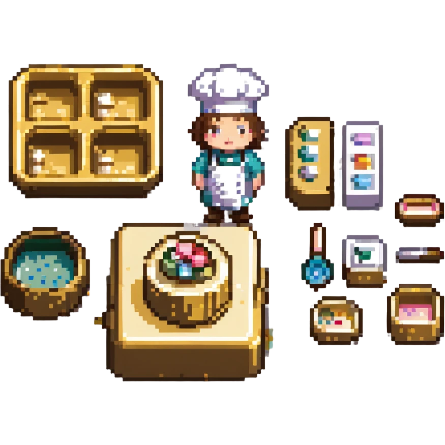An elegant master baker in a pristine patisserie. He works atop a polished marble counter with porcelain molds and gold-trimmed tools. The interface mimics porcelain scrollwork, with soft pastel colors and delicate ceramic textures. emoji